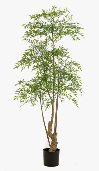 Künstlicher Bambusbaum mit mehreren Stämmen und grünen Blättern in schwarzem Topf.