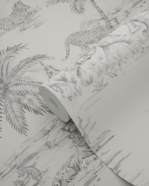 Tapetenrolle mit Bleistiftzeichnung von Zebras, Leoparden, Tigern, Elefanten und Palmen