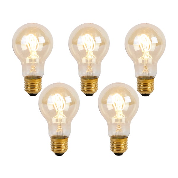 Fünf LED-Filament-Leuchtmittel in Kolbenform mit E27-Sockel und geschwungenem Glühfaden im Vintage-Stil.
