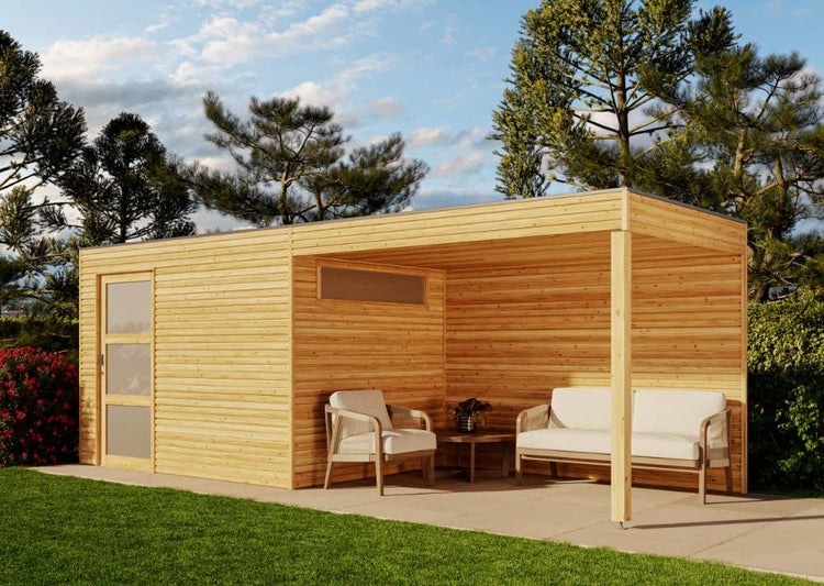 Alpholz Gerätehaus QBS (optional mit Schleppdach Gartenhaus aus Holz in Grün, Holzhaus mit 28 mm Wandstärke inklusive Schleppdach, Blockbohlenhaus mit Montagematerial imprägniert 5,9x3m