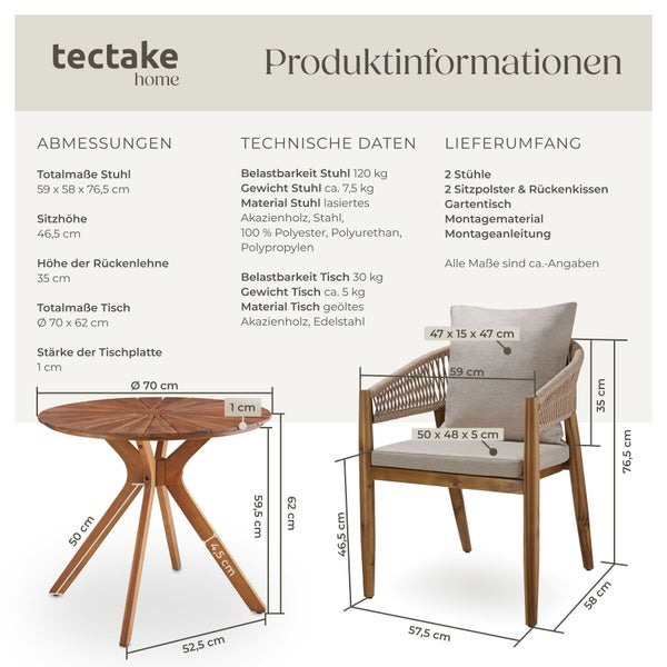 tectake home Logo. Produktinformationen zu einem Gartenmöbel-Set aus Akazienholz mit Tisch und Stuhl inklusive Maßen und technischen Daten.