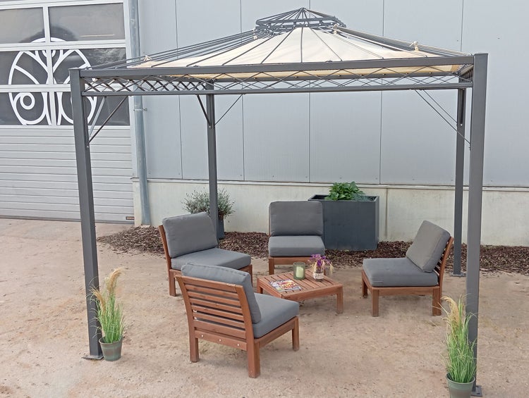 Pavillon ELEO Trento 3 x 3 m anthrazit - pulverbeschichtet | mit Sonnensegel ecru