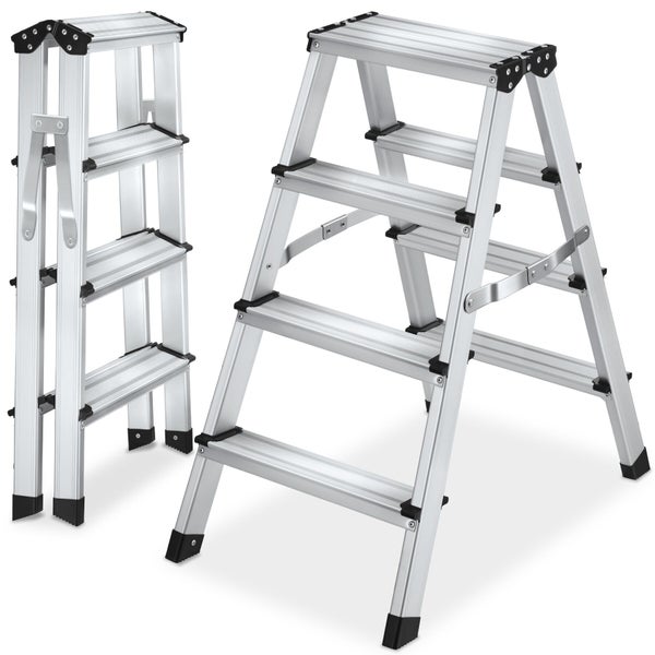 Aluminium-Stufenstehleiter, beidseitig begehbar, 4 Stufen, im zusammengeklappten und aufgestellten Zustand.