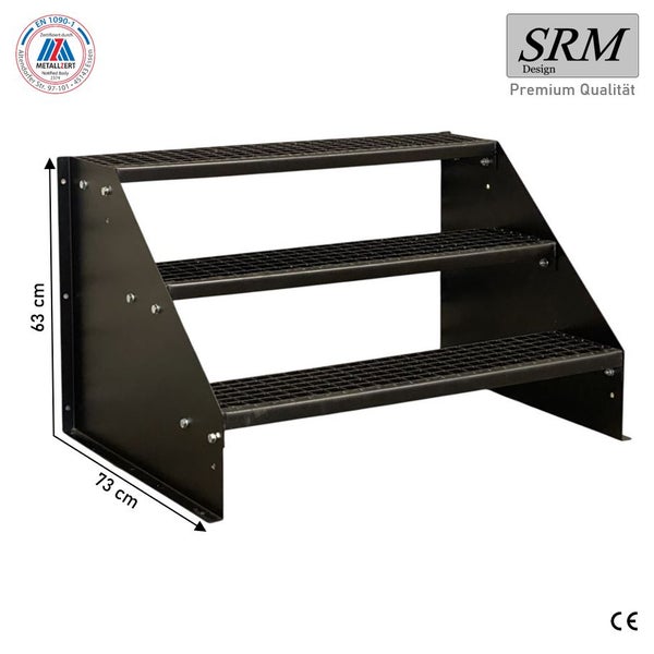 Außentreppe aus Metall mit 3 Stufen, SRM Design Logo, EN 1090-1 zertifiziert, CE Kennzeichnung, Höhe 63 Zentimeter, Tiefe 73 Zentimeter.