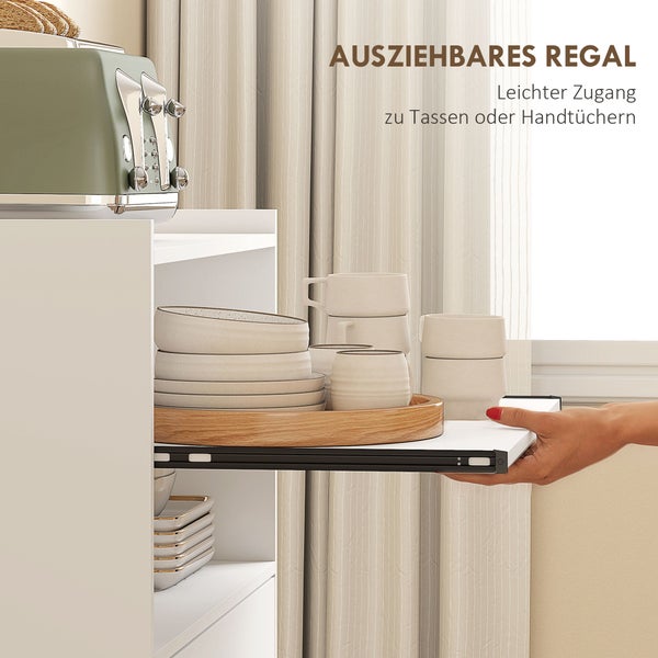 Ausziehbares Regal in einem weißen Küchenschrank mit Schalen und Tassen auf einem Holztablett.