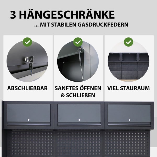 Drei Hängeschränke mit abschließbaren Türen und Gasdruckfedern für sanftes Öffnen und Schließen
