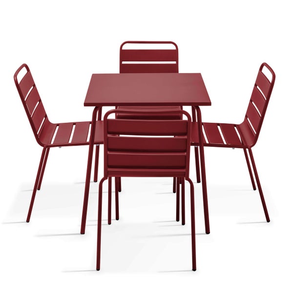 5-teiliges Gartenmöbel-Set aus Metall in Rot mit einem quadratischen Tisch und vier Gartenstühlen im Lattendesign.