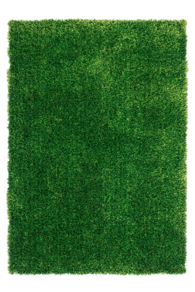 Rechteckiger grüner Kunstrasenteppich mit dichter, strukturierter Oberfläche.