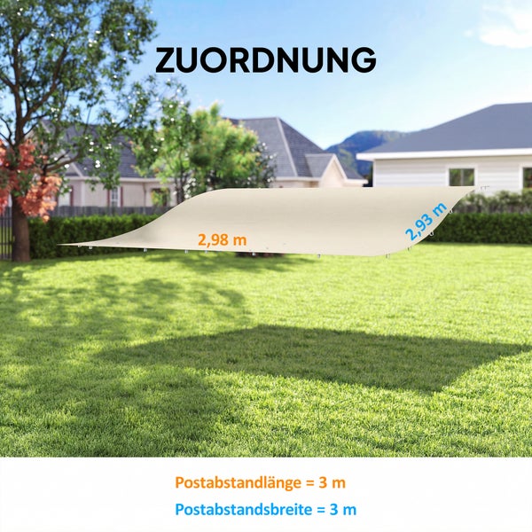 Rechteckiges Sonnensegel im Garten, Maße 2,98 mal 2,93 Meter, für einen Pfostenabstand von 3 mal 3 Meter.
