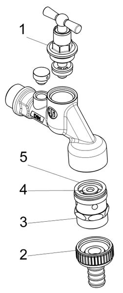 Explosionszeichnung einer Außenarmatur mit Nummerierung eins bis fünf für Ersatzteile wie Ventiloberteil und Schlauchanschluss.