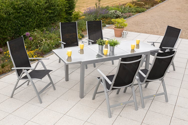 Carrara Gartenmöbelset 7tlg., Klappsessel, Ausziehtisch 160 (220) x 90 cm, schwarz