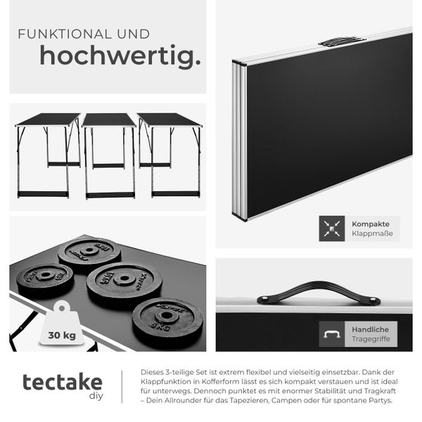 Dreiteiliges Tapeziertischset von tectake mit Tragegriffen und einer Traglast von 30 Kilogramm.