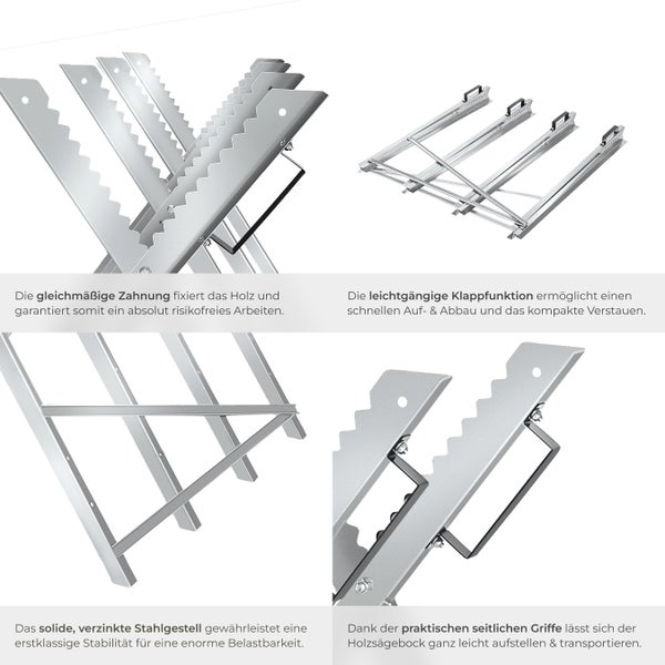 Verschiedene Ansichten eines klappbaren Sägebocks aus verzinktem Stahl mit seitlichen Griffen