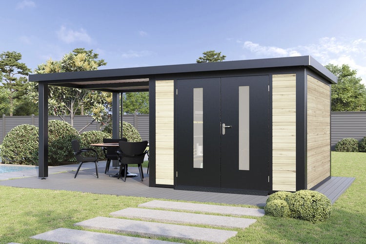 Modernes Gartenhaus mit integriertem Schleppdach auf einer Terrasse mit Sitzgelegenheiten im Garten.