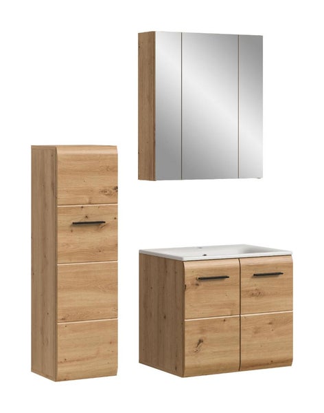Badmöbel-Set bestehend aus Hochschrank, Waschbeckenunterschrank inklusive Waschbecken und Spiegelschrank in Eiche-Optik mit schwarzen Griffen.
