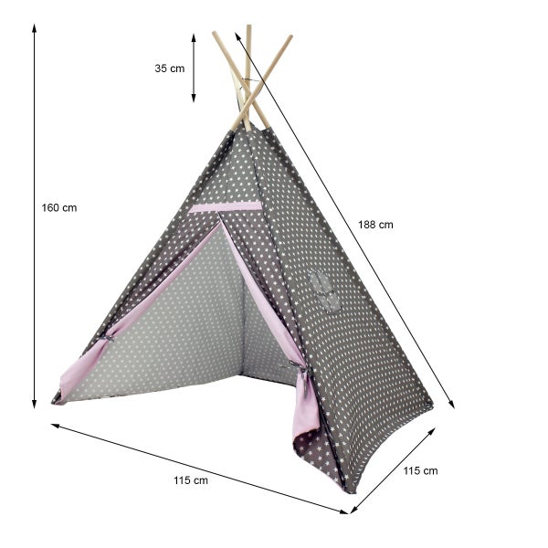 ECD Germany Tipi Spielzelt für Kinder, 115 x 115 x 160 cm, Indianerzelt Grau-Rosa mit Sternen Motiv, drinnen/draußen, Teepee Kinderzelt mit Tür und Fenster, Kinderzimmer Spielhaus für Mädchen/Jungen