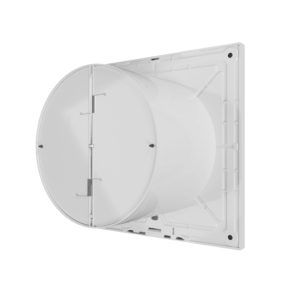 Rückstauklappe für Lüftungsrohre aus Kunststoff in Weiß mit quadratischer Montageplatte.