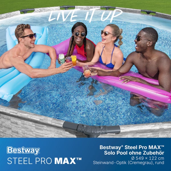 Vier Personen im runden Bestway Steel Pro MAX Pool mit Steinwand-Optik in Cremegrau, Durchmesser 549 mal 122 Zentimeter. Bestway Logo.
