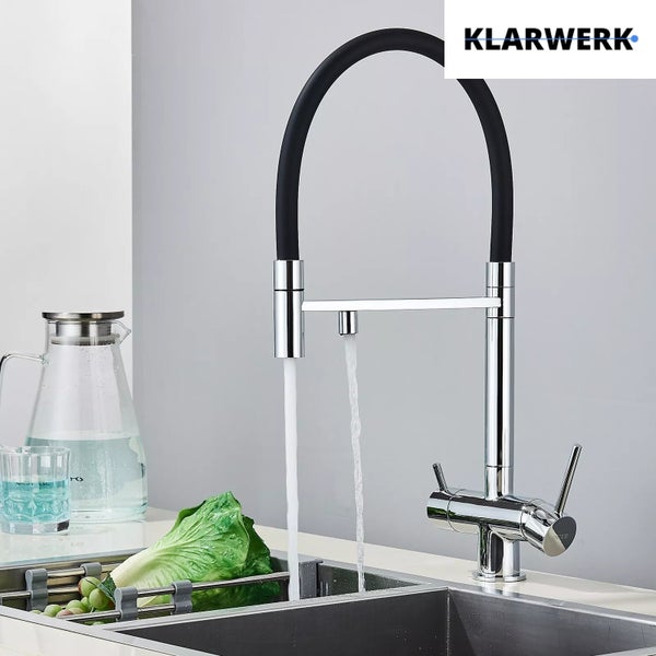 Lana | 3 Wege Chrom glänzend ausziehbare Armatur|Edelstahl Trinkwasser Osmose Wasserhahn Küche |Mischbatterie - 360 Grad drehbar | Filter 3 Anschlüsse