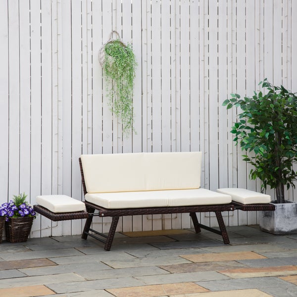 Outsunny Polyrattan Gartensofa, 2 Sitzer Loungesofa, klappbar Armlehnen, 129 x 63 x 67 cm, Stahl, Braun