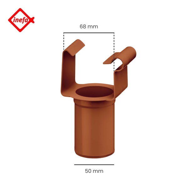 inefa Einhängestutzen aus Kunststoff in Braun, Breite oben 68 Millimeter, Durchmesser unten 50 Millimeter. inefa Logo.