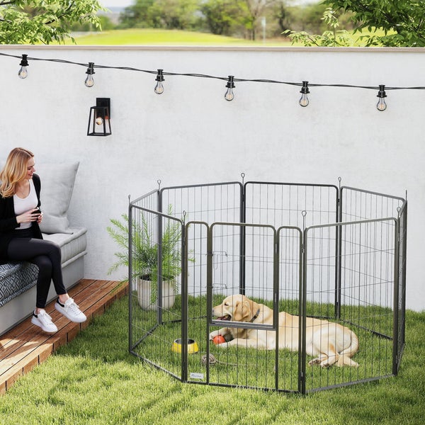 PawHut Welpenlaufstall 8-eckig Welpenauslauf mit 8 Gitterplatten Tür Erdspießen flexibel faltbar Schutzplane Freilaufgehege 100cm hoch Hundelaufstall für Hund Katze Welpengitter für drinnen draußen