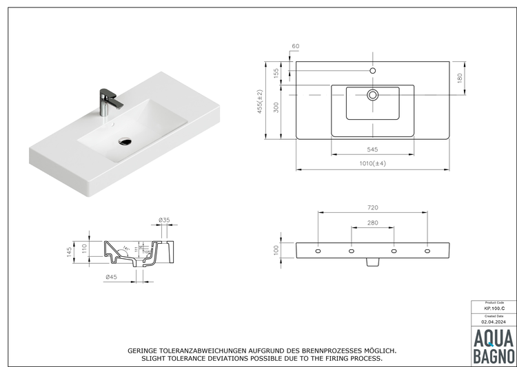 Aqua Bagno Quadra Soft Waschbecken KP.100.C – 101 x 45,5 cm – Weiß Hochglanz – Keramikbecken mit Hahnloch & Überlauf