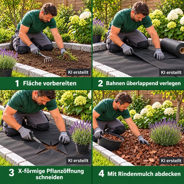 Anleitung zur Verlegung von Unkrautvlies im Garten mit vier Schritten: Boden vorbereiten, Vliesbahnen verlegen, Pflanzöffnungen schneiden und mulchen.