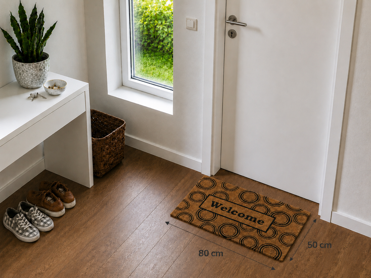 Kokos-Fußmatte mit Welcome-Schriftzug und Ringmuster, 80 mal 50 Zentimeter, in einem hellen Eingangsbereich vor einer weißen Tür.