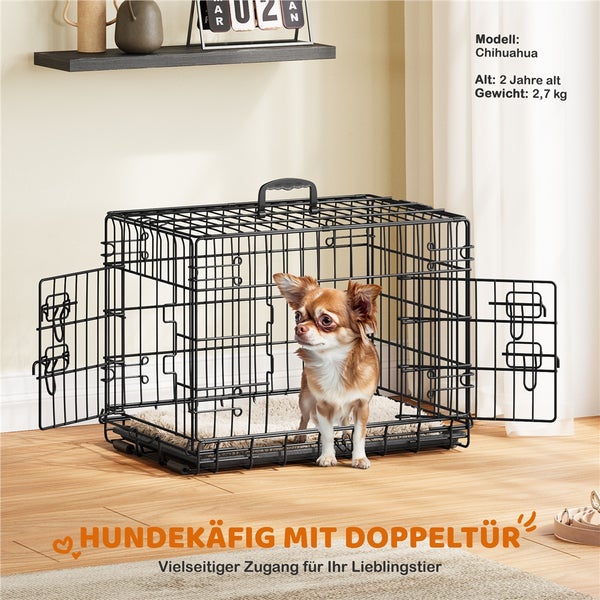 Schwarzer Hundekäfig mit Doppeltür und Chihuahua