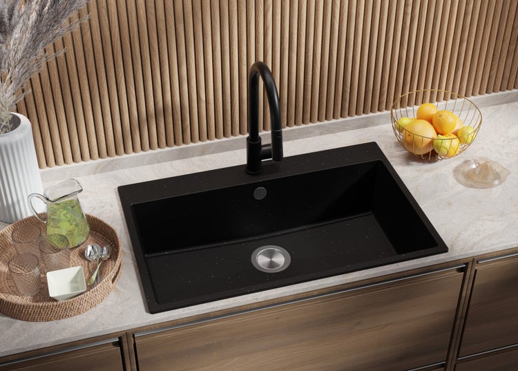 PRIMAGRAN Spülbecken Schwarz Metallic 78x50cm, Granitspüle 1 Becken + Ablauf-Set, Küchenspüle ab 80er Unterschrank - Riga