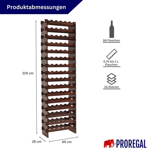 Proregal Weinregal aus Holz. Maße: 219 Zentimeter hoch, 65 Zentimeter breit, 28 Zentimeter tief. Bietet Platz für 96 Flaschen auf 16 Ebenen.