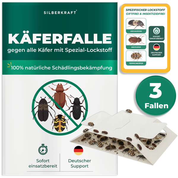 Silberkraft Käferfalle mit Lockstoff zur giftfreien Schädlingsbekämpfung gegen Speckkäfer, Brotkäfer und Teppichkäfer, Set mit 3 Fallen.