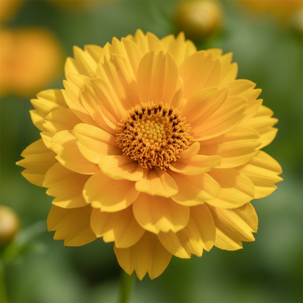 Gelbes Mädchenauge Coreopsis grandiflora mit gefüllten Blütenblättern in Nahaufnahme.