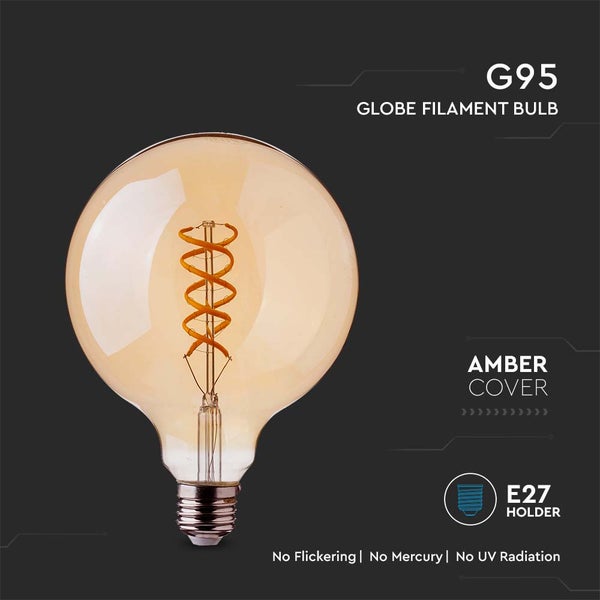 G95 Globe-Filament-Leuchtmittel mit E27-Sockel, spiralförmigem Glühfaden und bernsteinfarbenem Glas.