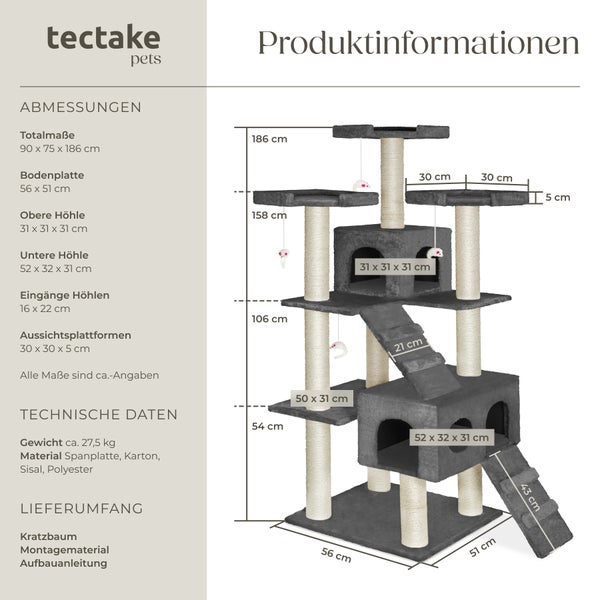 Kratzbaum tectake Knuti inklusive 2 Treppen, 4 Spielmäusen und Kippschutz 186 cm anthrazit