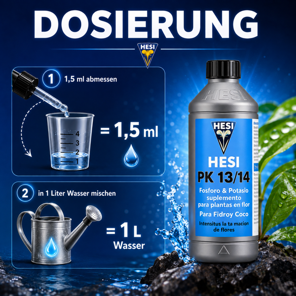 Hesi PK 13/14 Pflanzendünger in Flasche mit Dosieranleitung zur Anwendung in einem Liter Wasser.