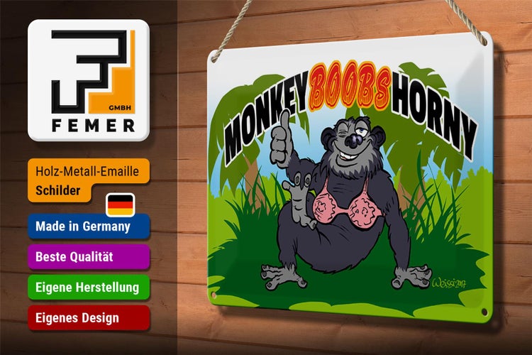 Blechschild Spruch 30x20cm Monkey Boobs Horny Affe im BH