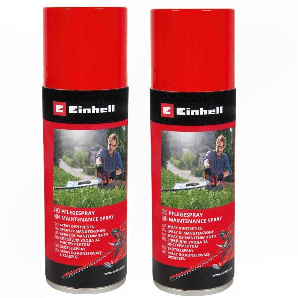 Zwei Dosen Einhell Pflegespray zur Wartung und Pflege von Gartengeräten und Werkzeugen.