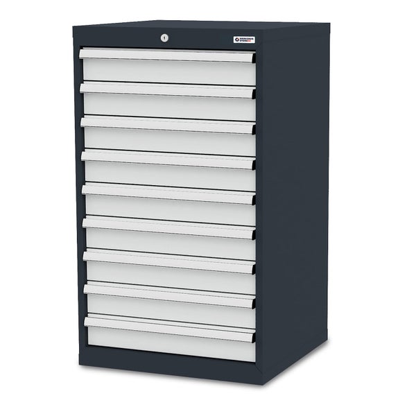 Anthrazitfarbener Werkzeugschrank aus Metall mit zehn hellgrauen Schubladen, Griffleisten und Zentralschloss.