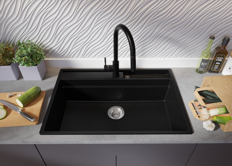PRIMAGRAN Spülbecken Schwarz 78x53cm, Granitspüle 1 Becken + Ablauf-Set + Küchenzubehörset, Küchenspüle ab 80er Unterschrank - Oslo Pocket
