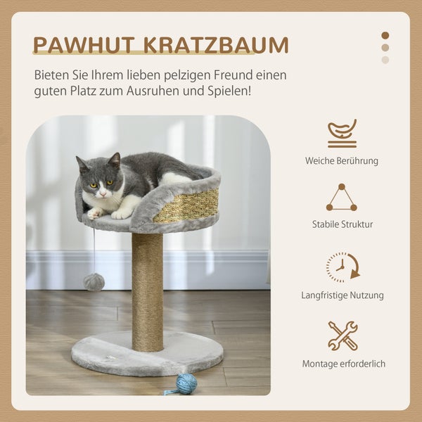 PawHut Kratzbaum klein, 49 cm Katzenbaum, Katzenkratzbaum mit Spielball, Liegefläche, Kletterbaum für Katzen bis 4 kg, Katzenmöbel, Jute Grau