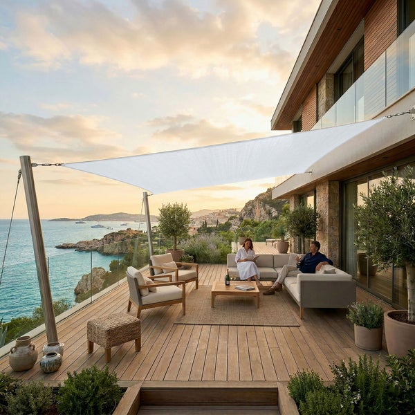 Weißes rechteckiges Sonnensegel über einer modernen Holzterrasse mit Lounge-Möbeln und Ausblick auf das Meer.