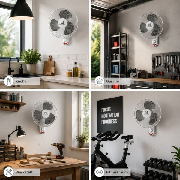 Vanguard Wandventilator in vier Räumen: eine helle Küche, eine Garage mit Werkzeug, eine Werkstatt mit Arbeitstisch und ein Fitnessraum.