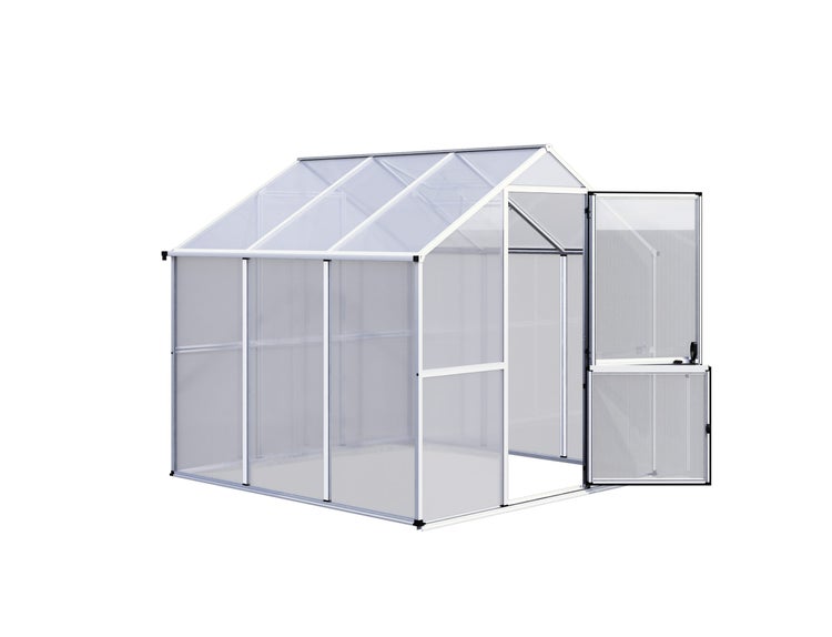 Gewächshaus aus Aluminium mit Hohlkammerplatten aus Polycarbonat und einer geöffneten Tür.