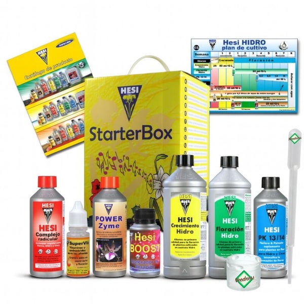 Hesi StarterBox Hydro Pflanzendüngerset mit Hesi Logo, Flaschen mit Flüssigdünger, Produktkatalog, Zuchtschema, Pipette und Messbecher.