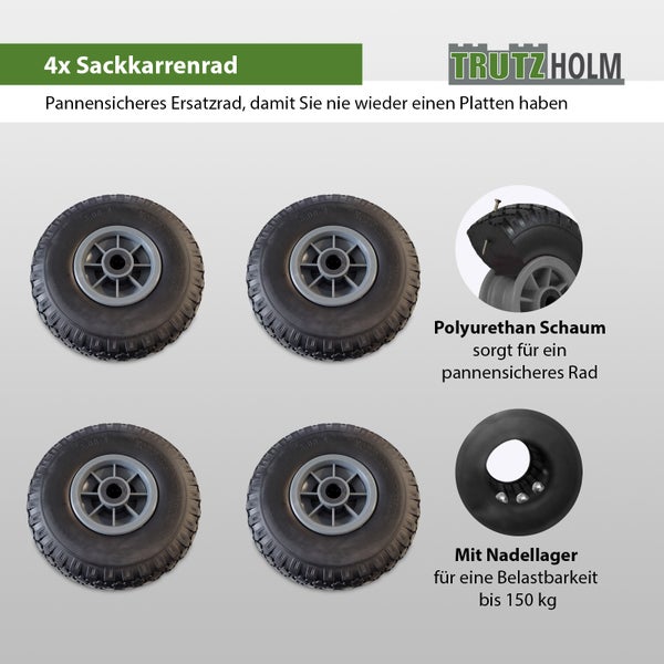 Vier Sackkarrenräder, pannensichere Ersatzräder aus Polyurethanschaum mit Nadellager für eine Belastbarkeit bis 150 Kilogramm.