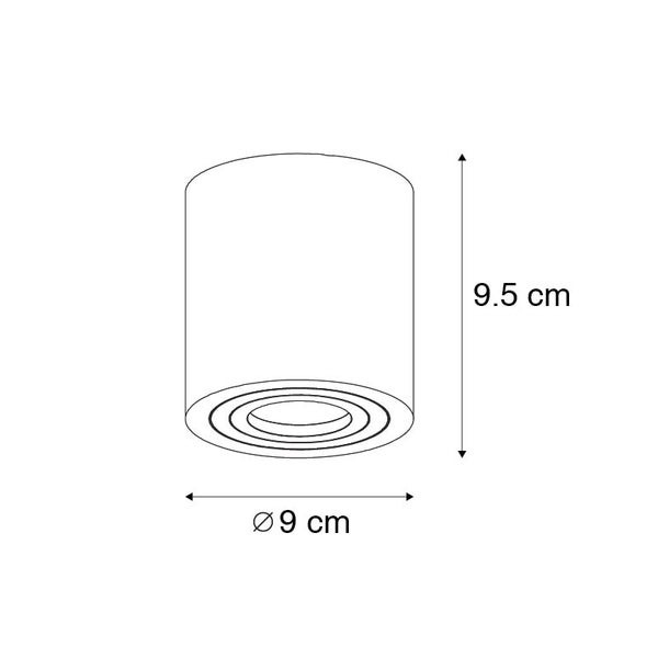 Technische Zeichnung einer Deckenleuchte mit den Maßen 9,5 cm Höhe und 9 cm Durchmesser