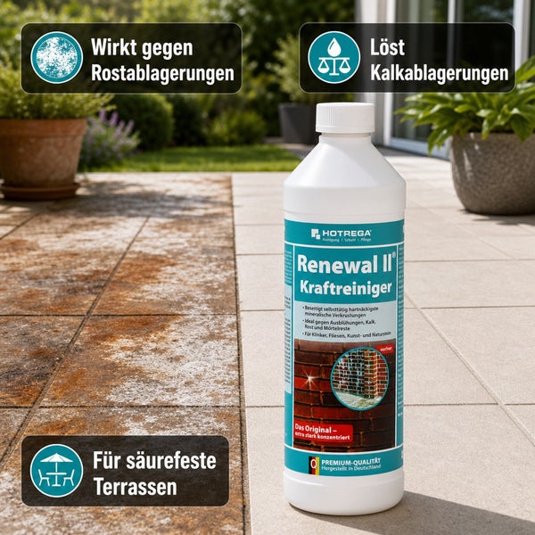 Hotrega Renewal II Kraftreiniger Flasche auf einer Terrasse zur Entfernung von Rost und Kalk von säurefesten Belägen.