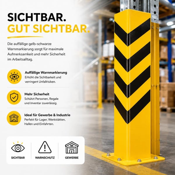 Gelb-schwarzer Rammschutz für Regalsäulen in Lagern und Industriehallen für erhöhte Sichtbarkeit und Sicherheit durch Warnmarkierung.